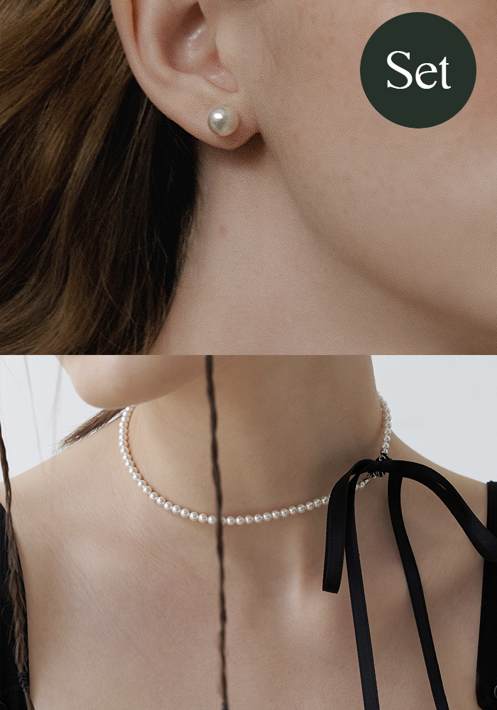 [SET] Black Ribbon Pearl Necklace + Classic Pearl Earring